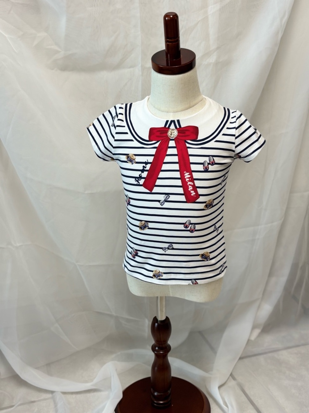 Mayoral Navy & White Striped Tee with Red Bow Detail
